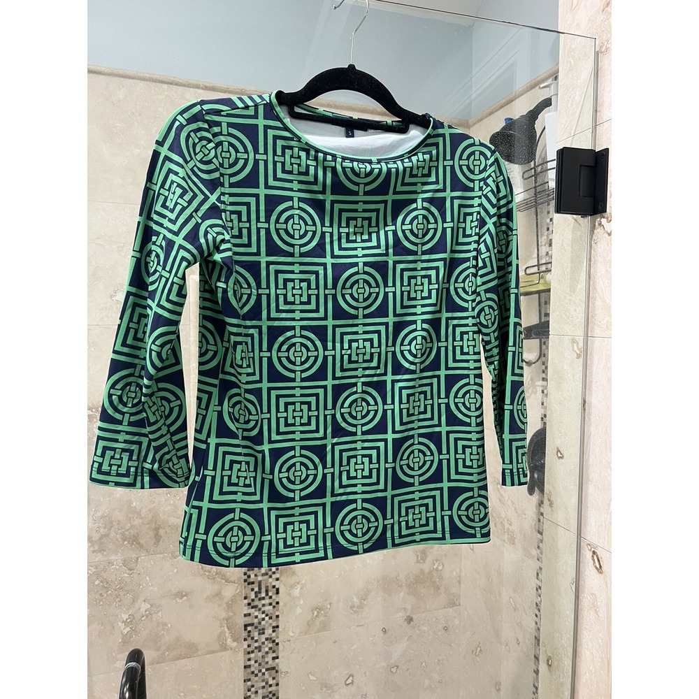Melly M Shirt Greek Key Small Blue Green Stretch 3/4 Sleeve Round Neck Pullover